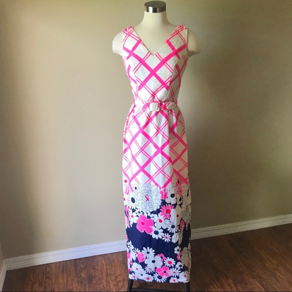 Vintage 70s Mod Hot Pink Plaid Floral Maxi Dress
